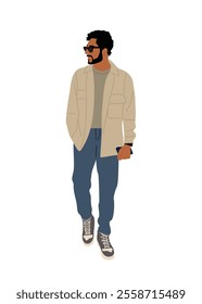 Business man in casual clothes walking front view. Handsome bearded man in sunglasses, jacket, jeans and sneakers. vector flat illustration isolated on white background