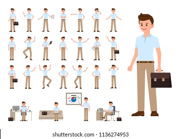 Business man in casual office look cartoon character set. Office person in different poses 