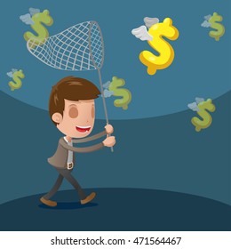 Business Man Catch Dollar Currency Vector