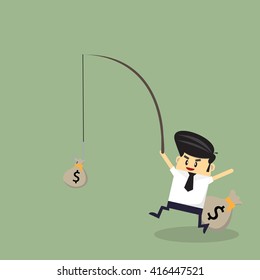 Business man catch money with fishing rod.