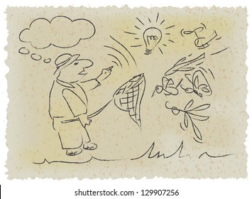 Business man catching an idea in the air with net in hand, freehand vector illustration.