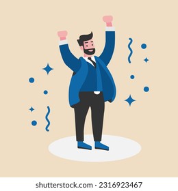  Un hombre de negocios celebra su éxito levantando la mano. Feliz Emoción. Ilustración vectorial. Diseño plano.