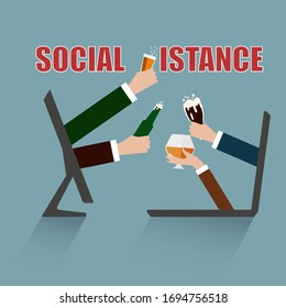 Business man celebrating online party after working,work from home or social distance in covid-19 concept
