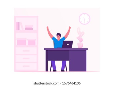 Business Man Celebrating Victory or Successful Deal Sitting at Working Desk with Hands Up Happily Gesturing. Happy Manager Winner, Successful Worker Celebrate Success. Cartoon Flat Vector Illustration