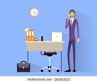 business man cell phone call at desk in office working flat vector illustration