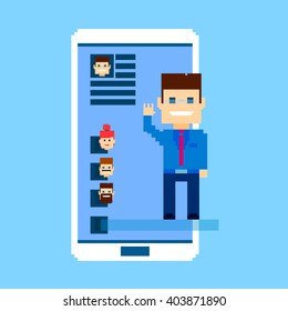 Business Man Cell Smart Phone Social Network Communication Concept Vector Illustration