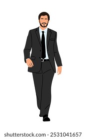 Business man CEO. Office worker, male professional, executive manager in formal attire walking front view. Chief officer, boss. Employee in suit. Flat vector illustration isolated on white background