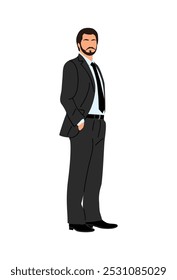 Business man CEO. Office worker, male professional, executive manager in formal attire standing. Chief officer, boss. Employee in suit. Flat vector illustration isolated on white background