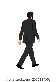 Hombre de negocios CEO. Trabajador de oficina, profesional masculino, gerente ejecutivo en atuendo formal caminando hacia atrás. Oficial jefe, jefe. Empleado en traje. Ilustración vectorial plana sobre fondo blanco