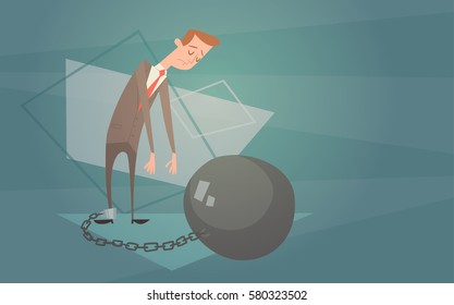 Business Man Chain Bound Legs Credit Debt Finance Crisis Concept Flat Vector Illustration