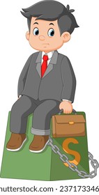 Business man chained to his big heavy debt weight with shackles of illustration