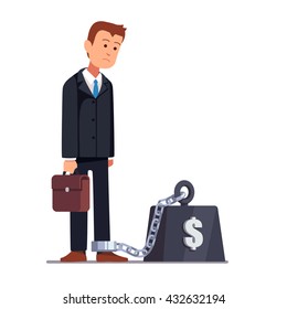 Business man chained to his big heavy debt weight with shackles. Businessman corporate slavery concept. Flat style vector illustration clipart.
