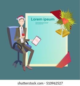 Business Man In Chair Hold Contract Celebrate Merry Christmas And Happy New Year Santa Hat Flat Vector Illustration