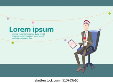 Business Man In Chair Hold Contract Celebrate Merry Christmas And Happy New Year Santa Hat Flat Vector Illustration