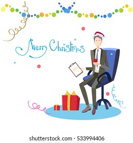 Business Man In Chair Hold Contract Celebrate Merry Christmas And Happy New Year Santa Hat Flat Vector Illustration