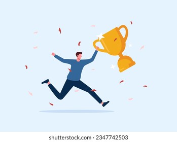 Business man champion golden winner cup. Award prize, win award. Business success, goal achievement celebration. vector people character illustration. Leadership, archievement, winning award trophy