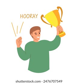 Business man champion golden winner cup. Award prize, win award. Hooray. Business success, goal achievement celebration.Vector people character illustration.