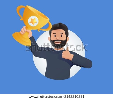 Business man champion golden winner cup. Award prize, win award. Business success, goal achievement celebration. 3d vector people character illustration. Leadership, archievement, winning award trophy