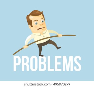 Business man character balancing problems. Business crisis. Vector flat cartoon illustration