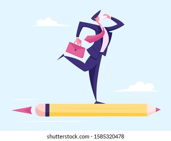 Business Man Character with Briefcase in Hand Flying on Huge Pencil Rocket Calling by Phone. Creative Successful Project Business Innovation Startup, Aim Achievement. Cartoon Flat Vector Illustration