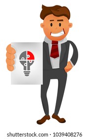 Business man character. Cartoon successful businesman in suit shows idea. Young office manager in flat style shows an inspiration. Professional salesman on white.vector