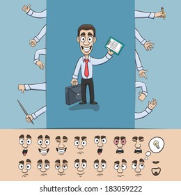 Business Man Character Construction Pack Hand Gestures And Facial Emotions Design Elements Isolated Vector Illustration