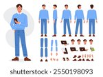 Business man character constructor for animation. Front, side and back view set. Body parts, postures, poses collection. Vector illustration.