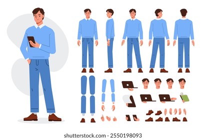 Hombre de negocios constructor de personajes para la animación. Conjunto de vista frontal, lateral y trasera. Partes del cuerpo, posturas, poses de colección. Ilustración vectorial.