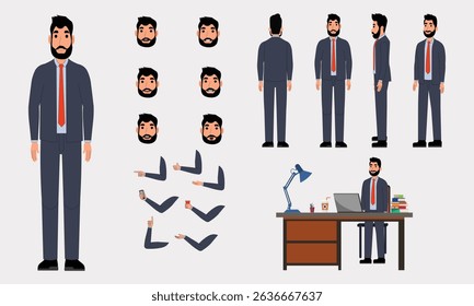 Business man character constructor for animation. Front, side and back view set. Body parts, postures, poses collection. Vector illustration.ac