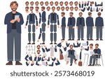 Business man character constructor. CEO or senior manager of a company. Set of different positions of arms legs body and head for creating animation or your own illustrations. DIY kit. Vector illustr