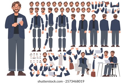 Business man character constructor. CEO or senior manager of a company. Set of different positions of arms legs body and head for creating animation or your own illustrations. DIY kit. Vector illustr