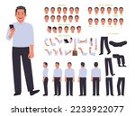Business man character constructor. Creating an animation of a man, the position of arms and legs, mouth, various emotions. View from different sides. Vector illustration in flat style