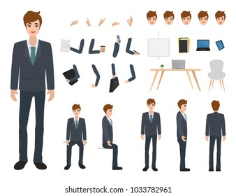 Business man character constructor for different poses. Set of various men's faces. Illustration vector isolated on white background.