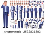 Business man character constructor. Male manager. Set of different body positions, arms and legs, many emotions to create animation or your own illustrations. DIY kit. Vector illustration