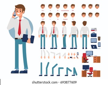Business Man Character Constructor And Office Objects For Animation.  Set Of Various Men's Poses, Faces, Mouth, Hands, Legs. Flat Style Vector Illustration Isolated On White Background.