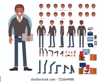   Business Man Character Constructor And Office Objects For Animation.  Set Of Various Men's Poses, Faces, Mouth, Hands, Legs. Flat Style Vector Illustration Isolated On White Background.
