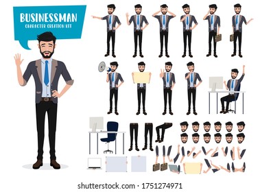 Business man character create kit vector set. Businessman characters friendly male office employee editable creation of face, hand and body gestures and movement with isolated body parts.