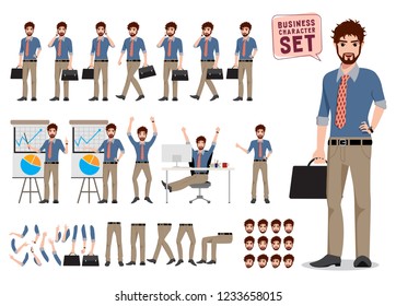 Business man character creation vector set. Male office worker cartoon characters standing and holding briefcase or bag while talking for business presentation. Vector illustration.
