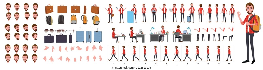 Business Man Character Design Model Sheet. Front, side, back view and explainer animation poses. Character set with lip sync and facial expressions of Happy, angry, sad, and Side walk cycle animation