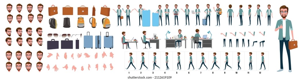 Business Man Character Design Model Sheet. Front, side, back view and explainer animation poses. Character set with lip sync and facial expressions of Happy, angry, sad, and Side walk cycle animation