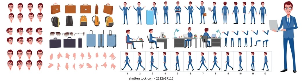 Hoja de Modelo de Diseño de Caracteres de Hombres de Negocios. La vista frontal, lateral, trasera y la animación explicadora. Juego de caracteres con sincronización de labios y expresiones faciales de animación Feliz, enojado, triste y ciclo de caminata lateral
