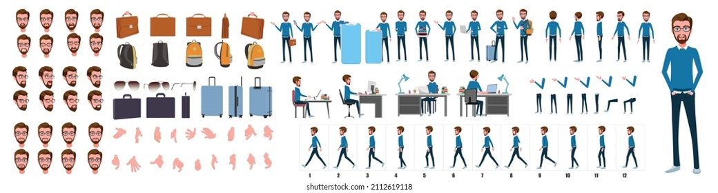 Business Man Character Design Model Sheet. Front, side, back view and explainer animation poses. Character set with lip sync and facial expressions of Happy, angry, sad, and Side walk cycle animation