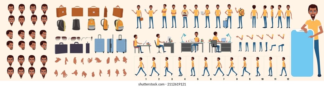 Business Man Character Design Model Sheet. Front, side, back view and explainer animation poses. Character set with lip sync and facial expressions of Happy, angry, sad, and Side walk cycle animation