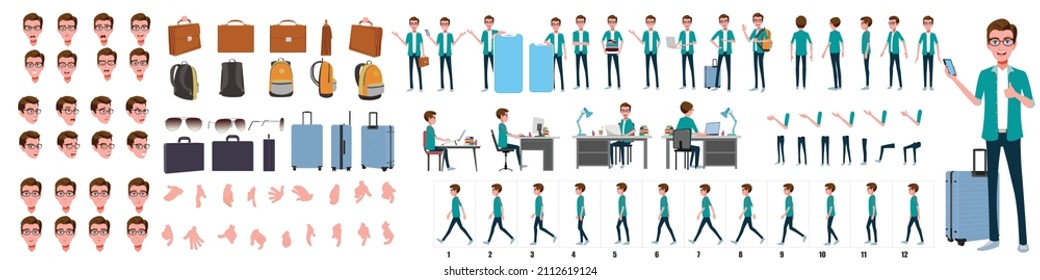 Business Man Character Design Model Sheet. Front, side, back view and explainer animation poses. Character set with lip sync and facial expressions of Happy, angry, sad, and Side walk cycle animation