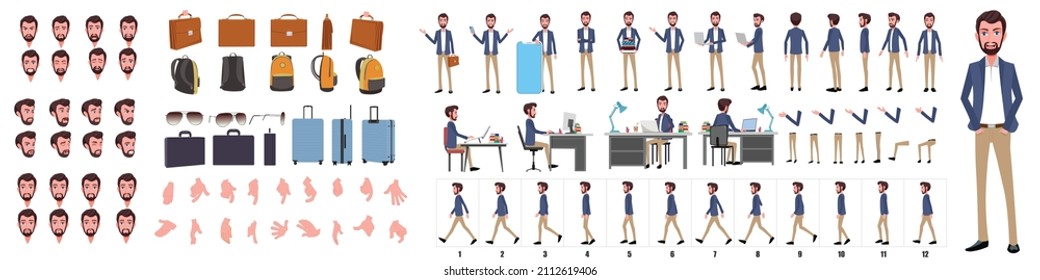 Business Man Character Design Model Sheet. Front, side, back view and explainer animation poses. Character set with lip sync and facial expressions of Happy, angry, sad, and Side walk cycle animation