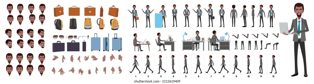 Business Man Character Design Model Sheet. Front, side, back view and explainer animation poses. Character set with lip sync and facial expressions of Happy, angry, sad, and Side walk cycle animation