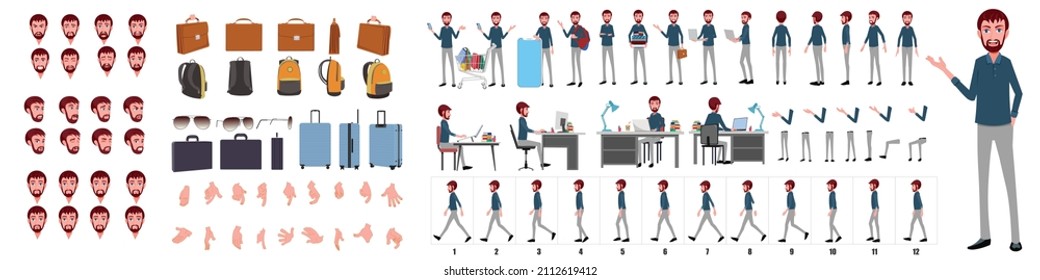 Business Man Character Design Model Sheet. Front, side, back view and explainer animation poses. Character set with lip sync and facial expressions of Happy, angry, sad, and Side walk cycle animation