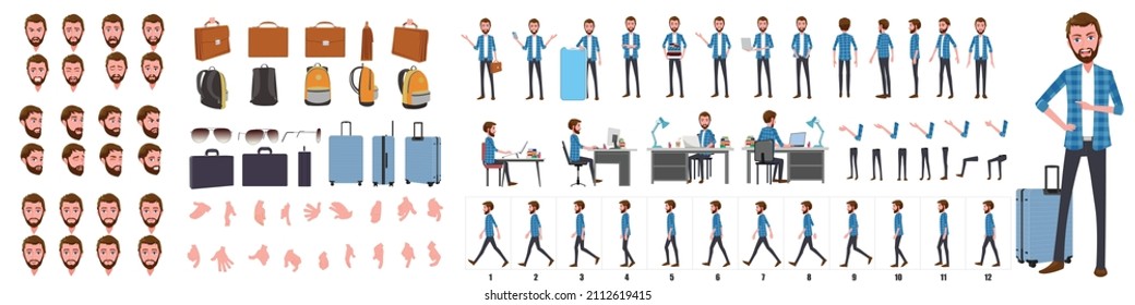 Business Man Character Design Model Sheet. Front, side, back view and explainer animation poses. Character set with lip sync and facial expressions of Happy, angry, sad, and Side walk cycle animation