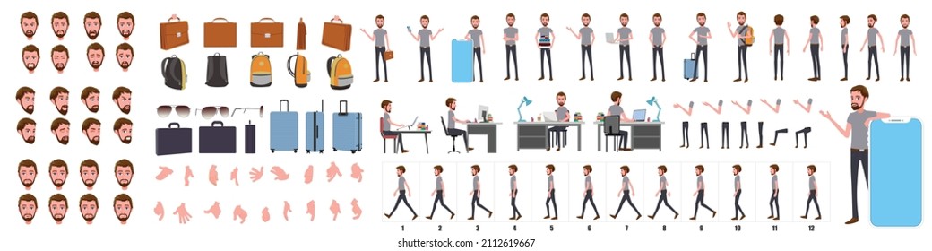 Business Man Character Design Model Sheet. Front, side, back view and explainer animation poses. Character set with lip sync and facial expressions of Happy, angry, sad, and Side walk cycle animation