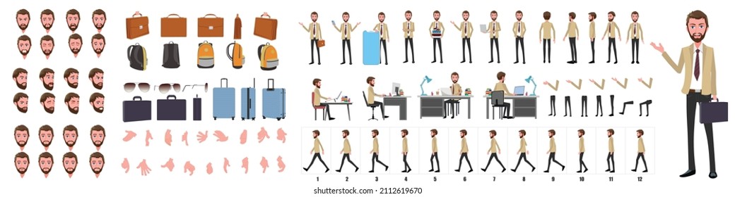 Business Man Character Design Model Sheet. Front, side, back view and explainer animation poses. Character set with lip sync and facial expressions of Happy, angry, sad, and Side walk cycle animation